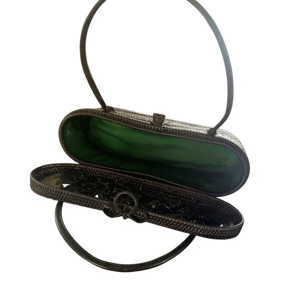 Ata Bag Bali Basket Handbag Leather Handles Wooden Carved Lid Floral Design Orga - Picture 4 of 6